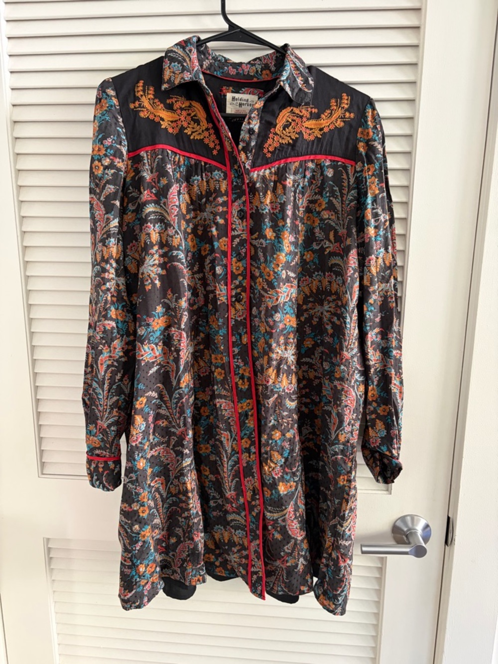 HOLDING HORSES Black Floral Long Sleeve Button Dress with Red Trim